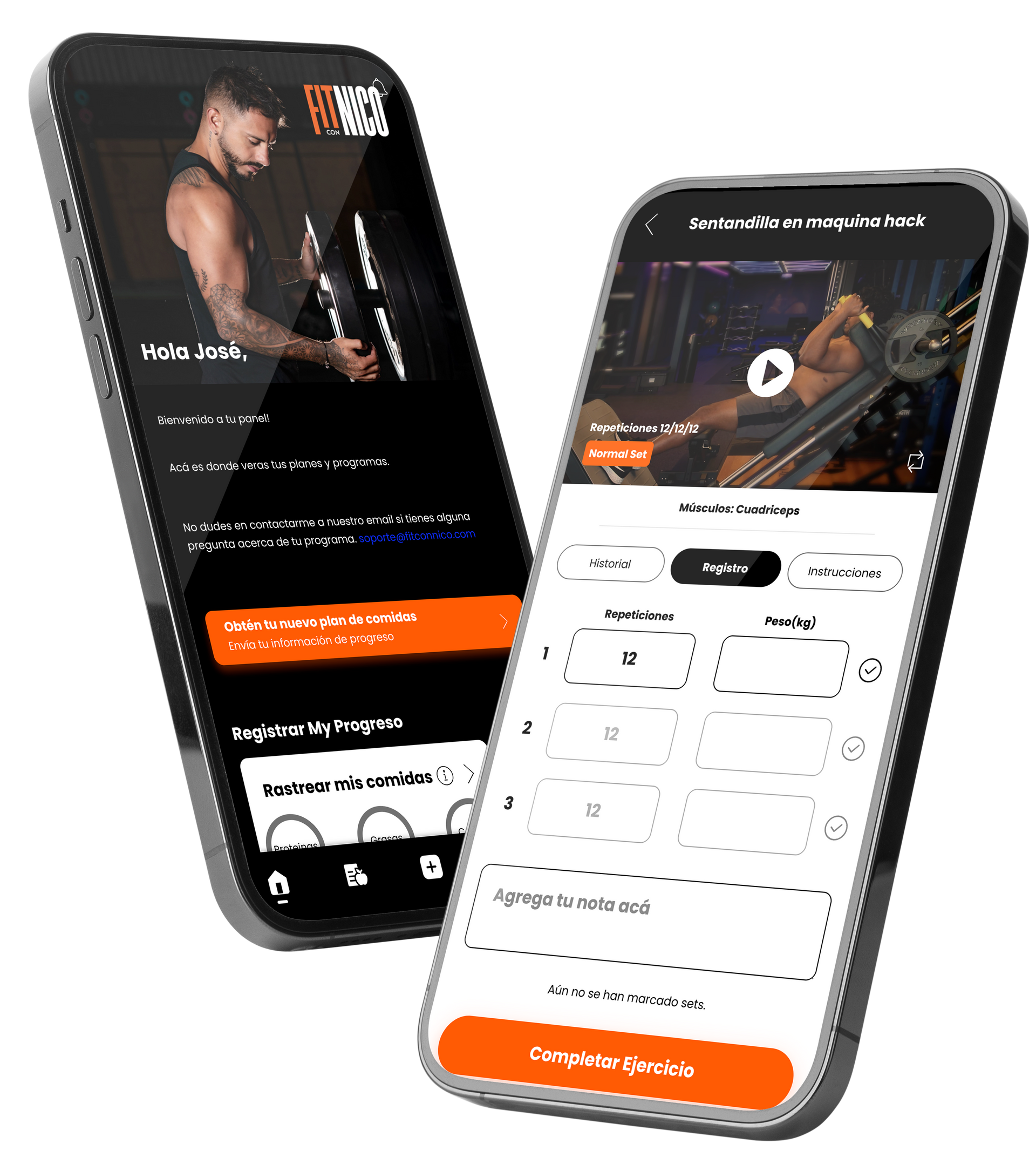 Two smartphones displaying a fitness app interface, one with a man's photo, the other with workout details. FIT CON NICO