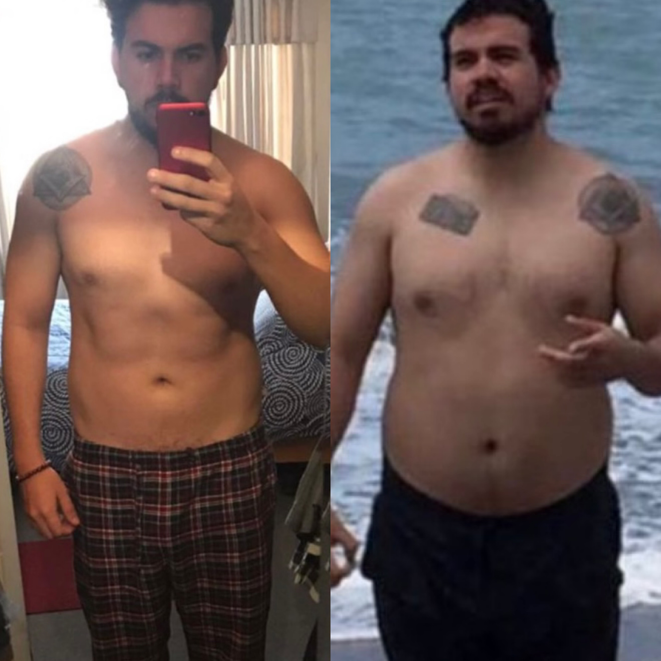 Man before and after weight loss,  and holding a phone, on the left, and on the beach on the right. FIT CON NICO