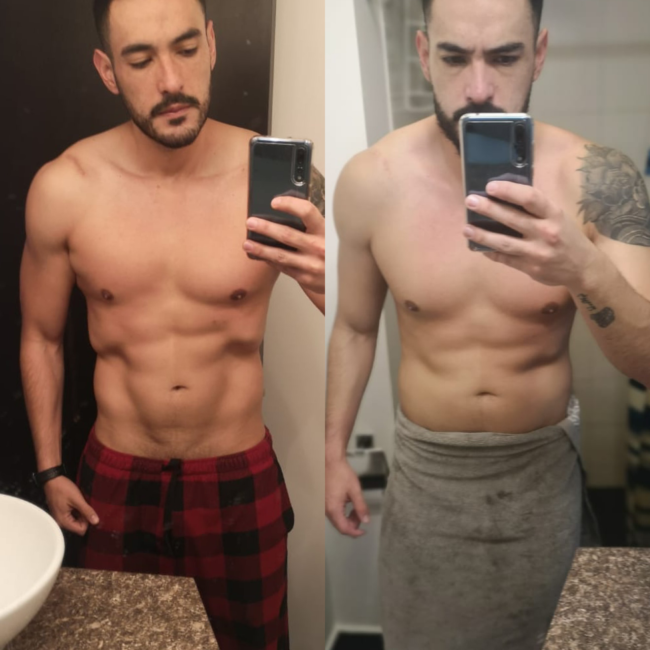 Two photos of a man, before and after. He's shirtless in both, showing a change in his body composition and abs. FIT CON NICO