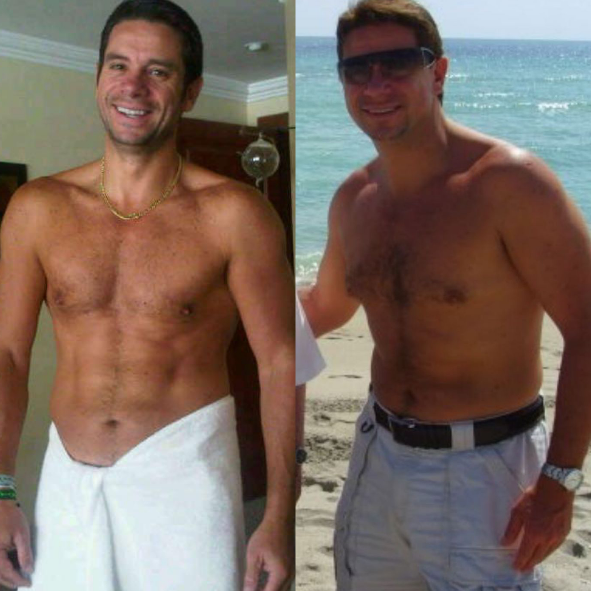 Side-by-side comparison of a man, before and after a physique change. The man is shirtless in both photos. FIT CON NICO