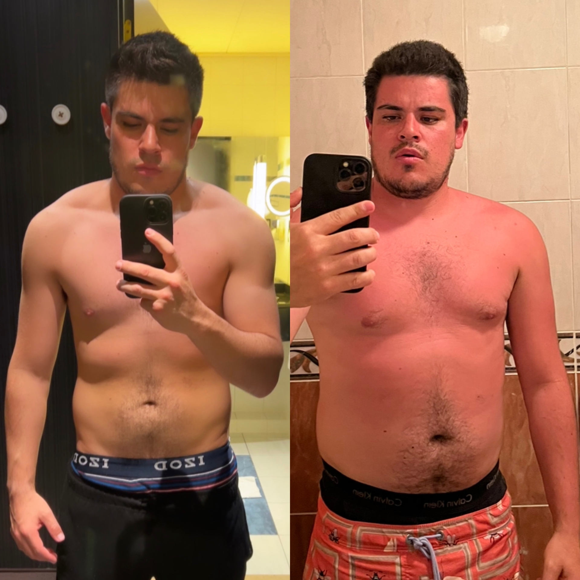 Comparison of a man before and after weight loss, holding a phone. Left: muscular, dark hair, blue underwear. FIT CON NICO