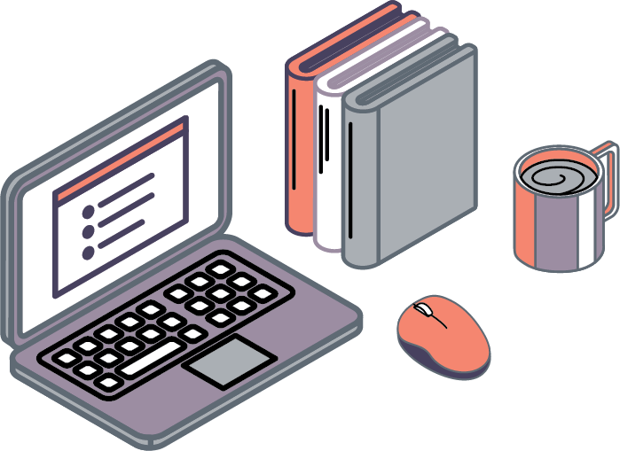 Vector image of a laptop, books, coffee and mouse framed around the idea of bookkeeping.