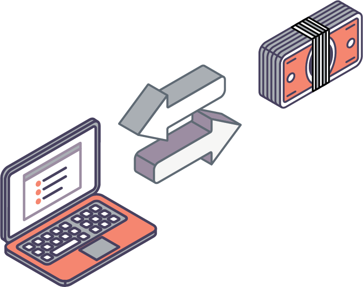 Vector image with laptop, arrows and cash highlighting cash in cash out electronically.