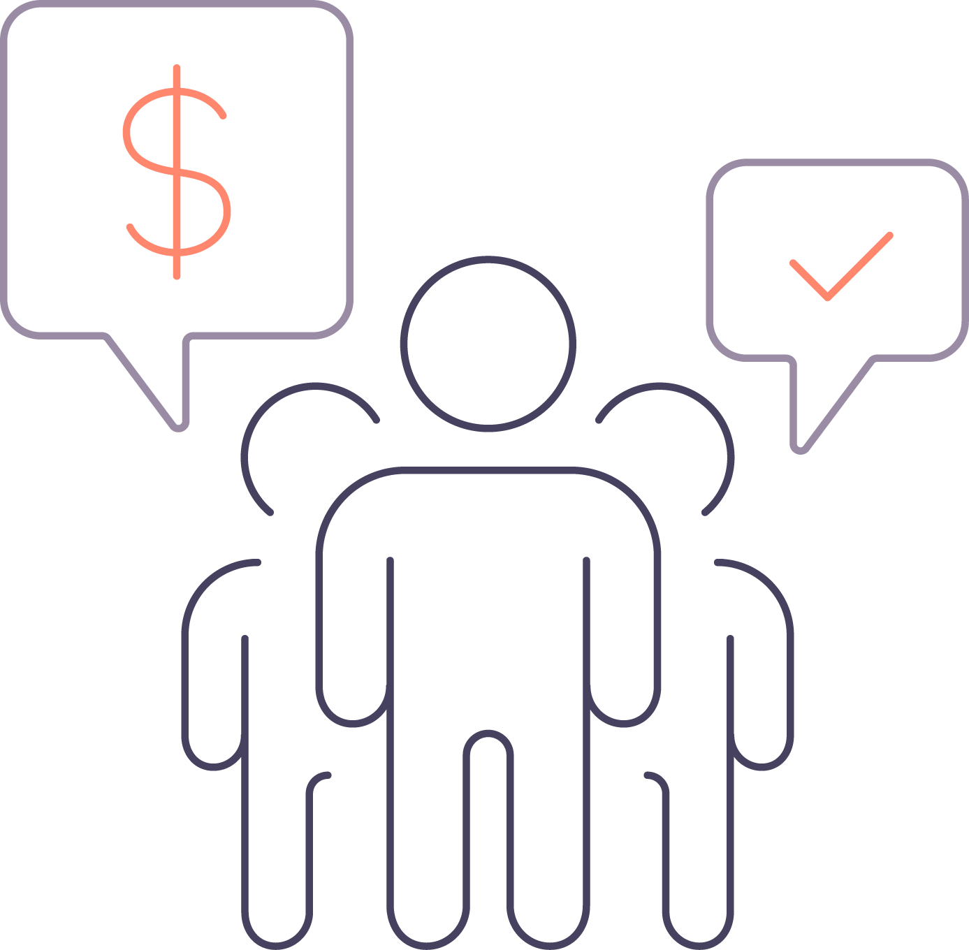 Icon of a group of people with speech bubbles showing a dollar sign and a tick. How to discuss embracing innovation is worth discussing a strategy.