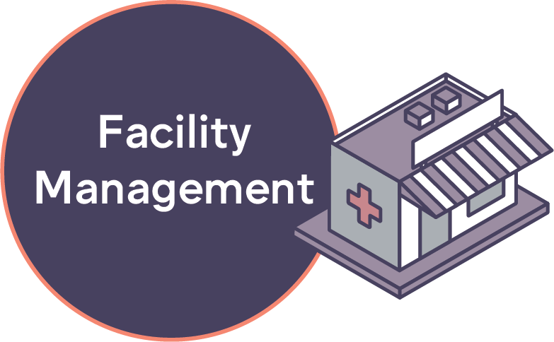 Icon of a medical practice with a circle and Facility Management.