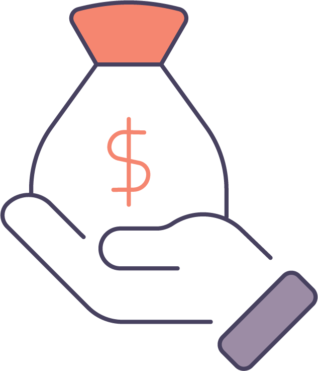 Icon of a hand holding a money bag with a $ on the front.