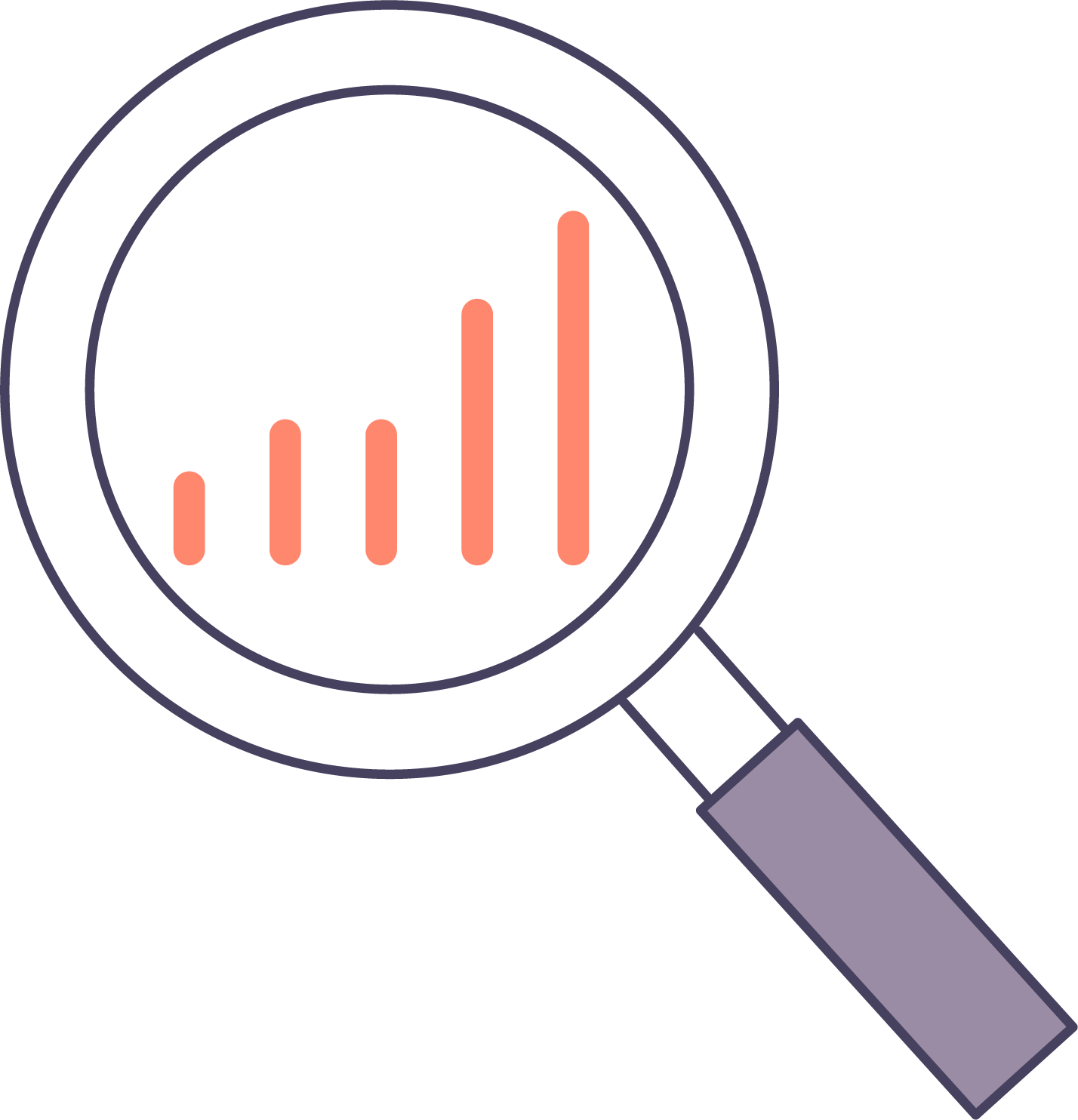 Icon of a magnifying glass looking at a bar graph.