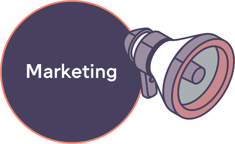 Icon of a loudspeaker and a circle with the word Marketing.