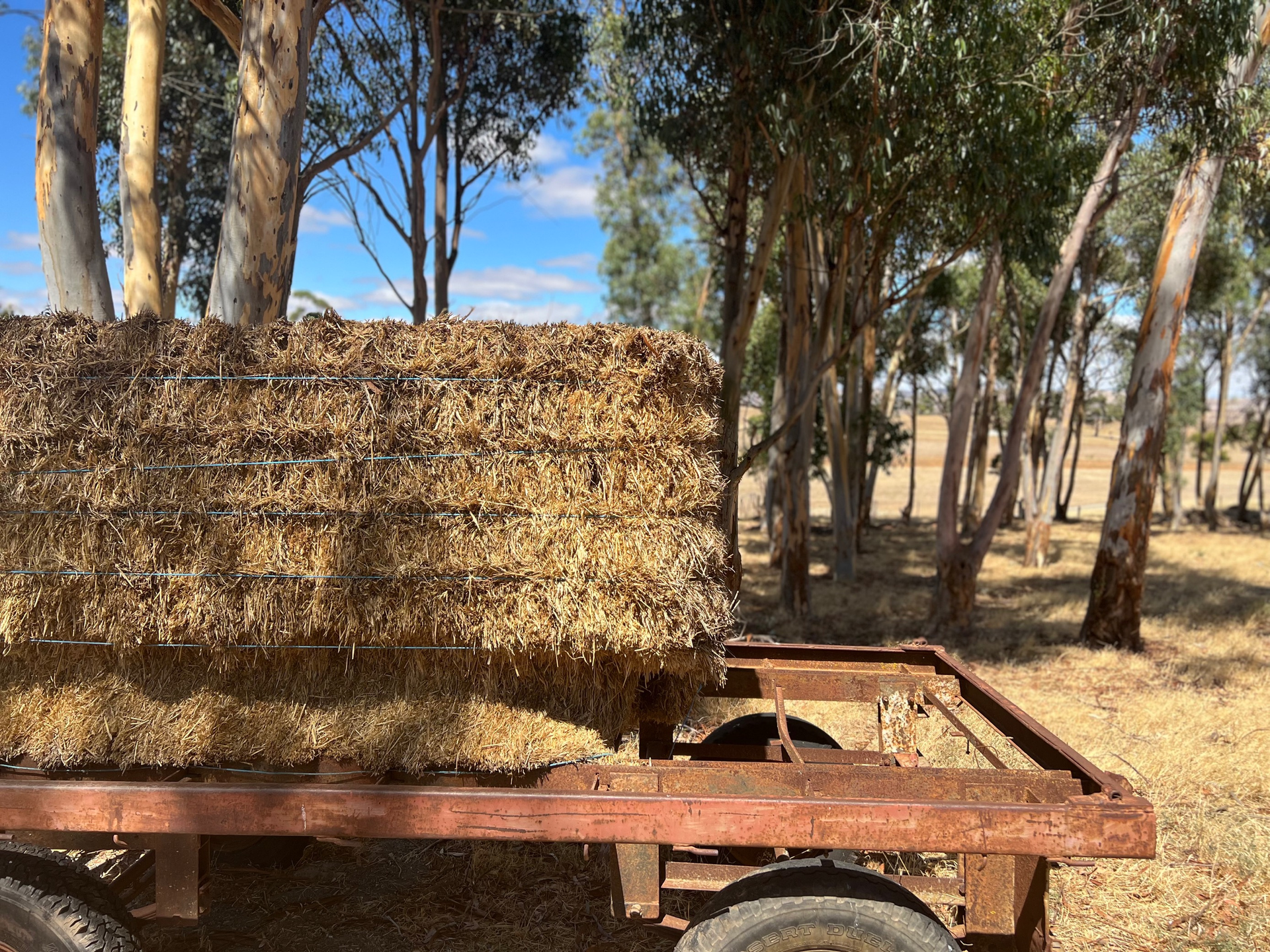 Rural image with a hay stack on an old car.