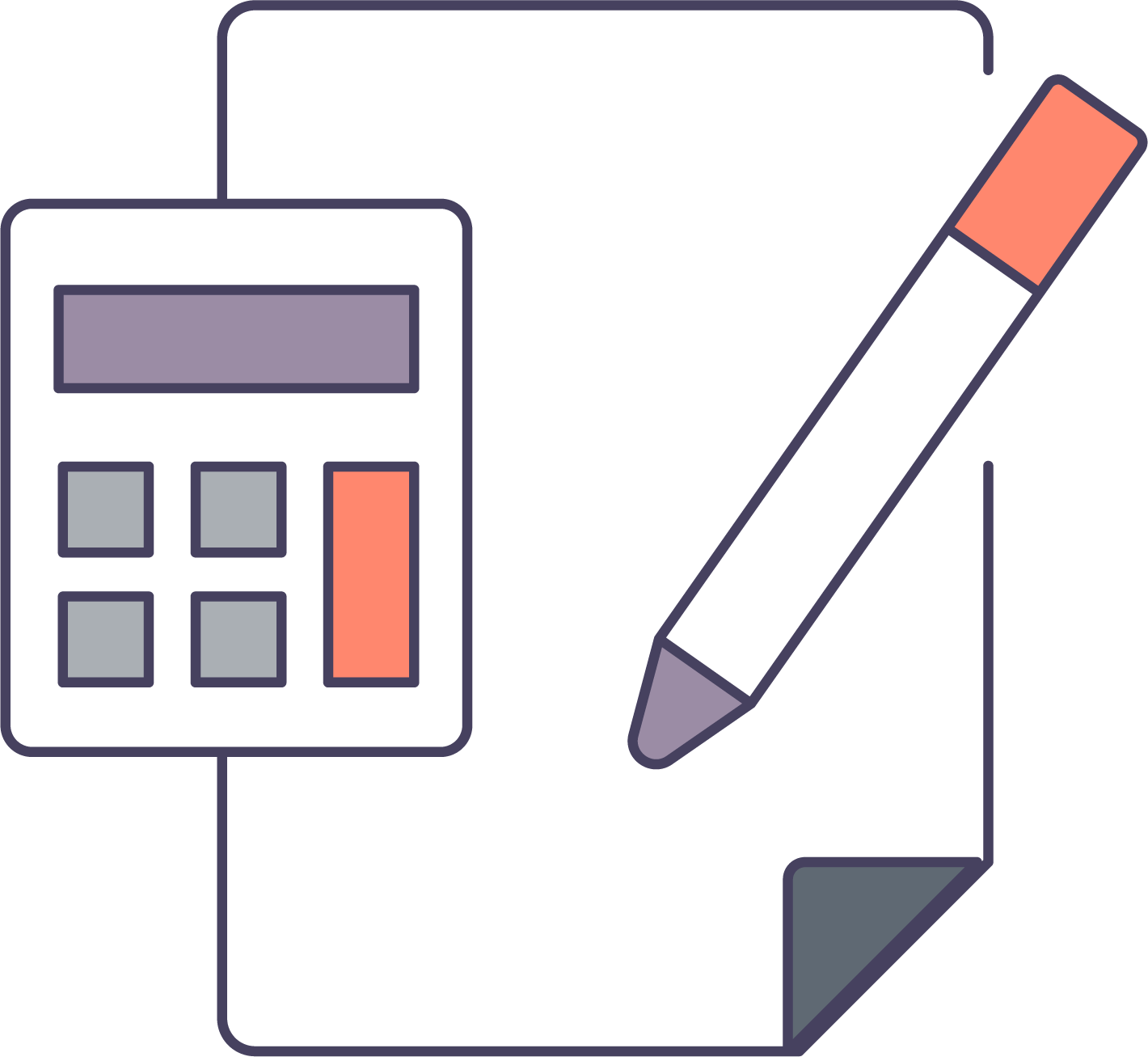 Icon of a calculator, pad and pen.