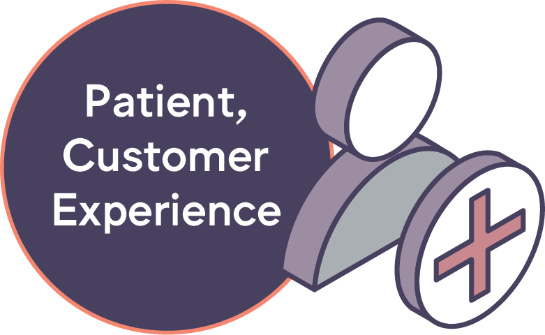 Icon of a patient, and medical sign and a circle with Patient, Customer Experience.