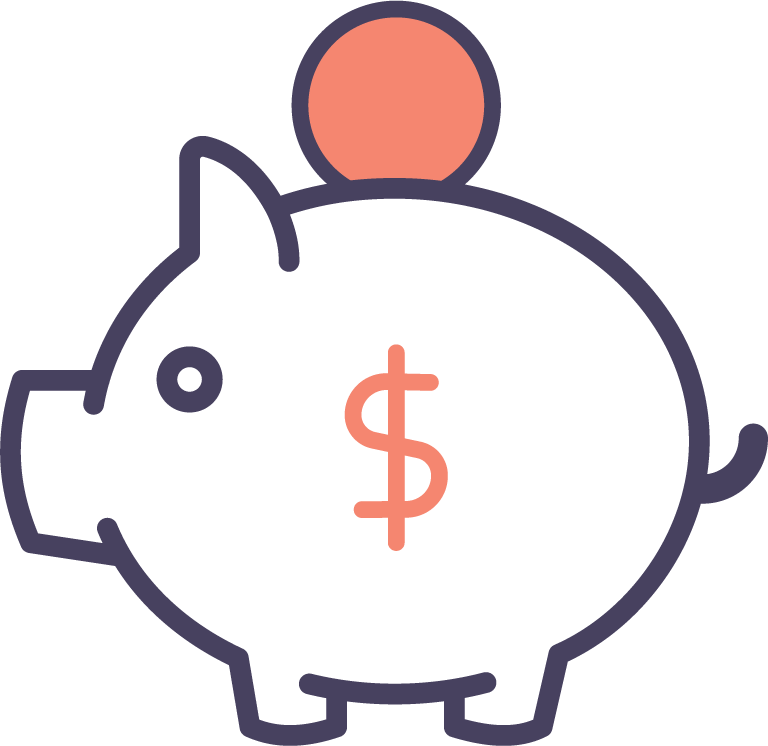 Icon of a piggy bank with a coin being inserted on to and a $ on the front.