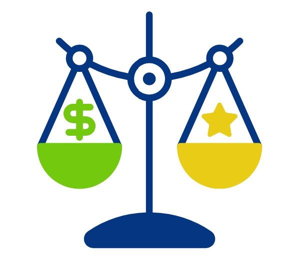 A graphic image of scales weighing money and value.