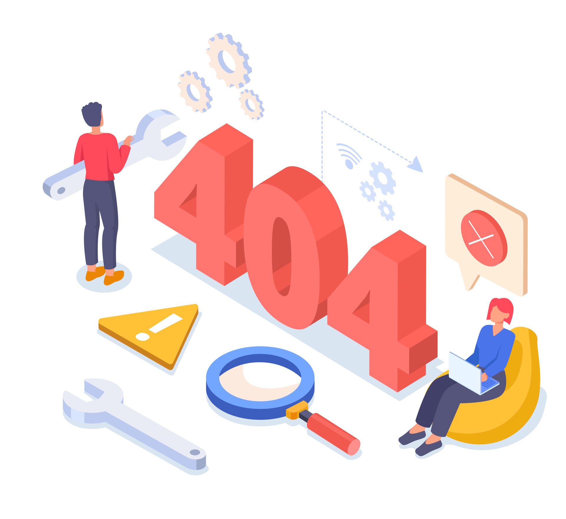 404 page isometric design. Man standing near big red numbers. Technical support and programmer fix bugs. Wrong link and code error, website problems. Cartoon vector illustration