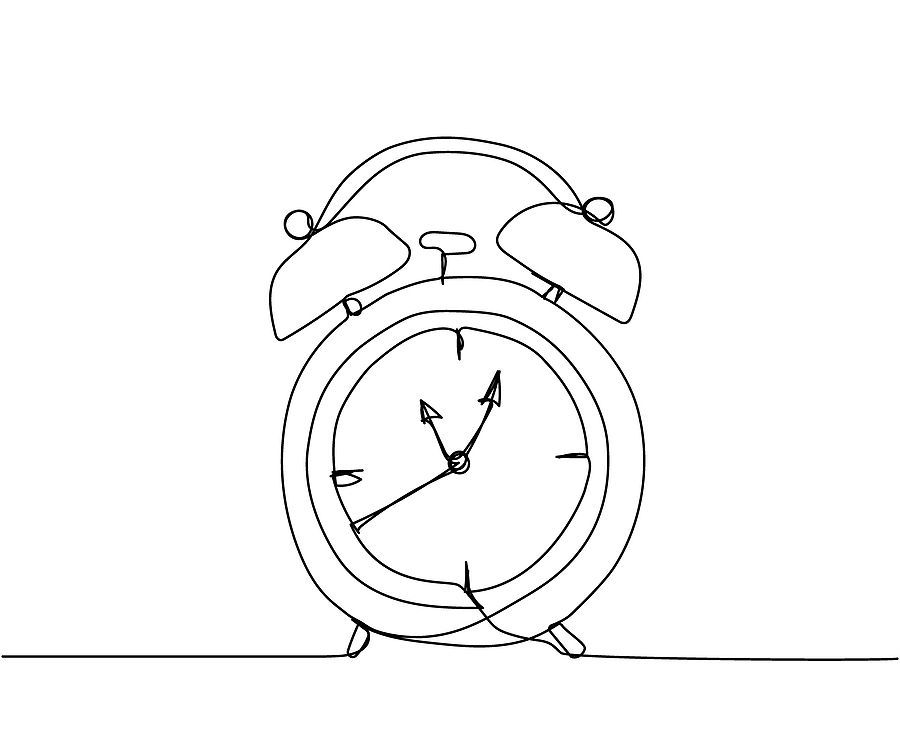 One line drawing of an old fashion alarm clock with two bells at the top.