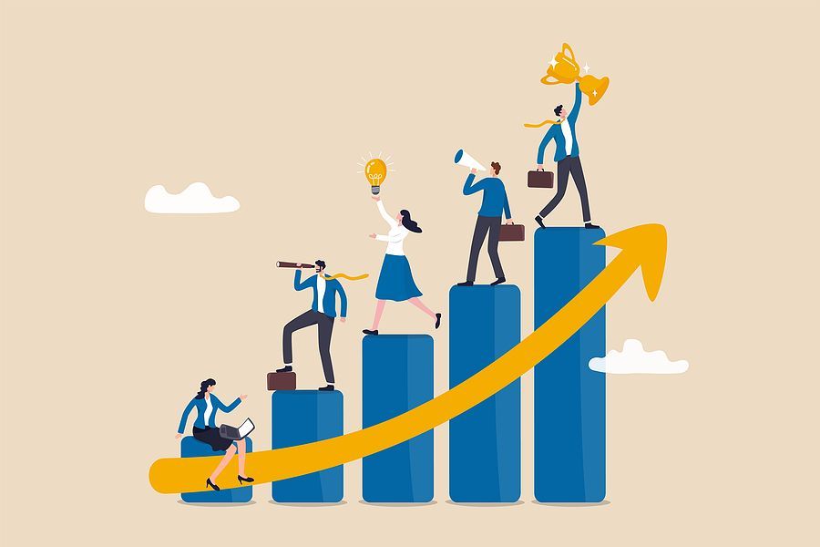 Business development plan for improvement, teamwork help growing revenue, growth and achievement, team strategy for business success concept, business people team working on improve bar graph.