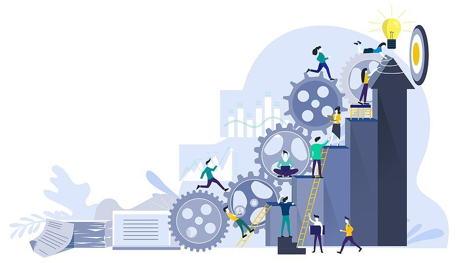 Animation of a business team running up cogs and pillars to get to the goal.