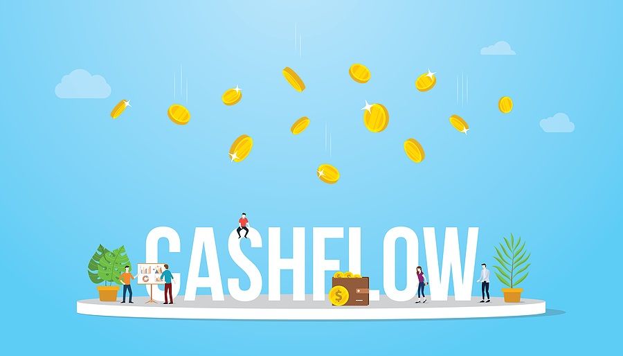cashflow business concept with money fall or falling from above with team people