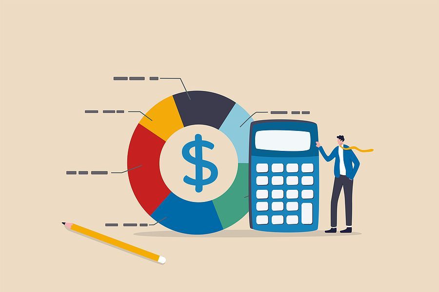 Cost structure, expense and income balance calculation, revenue, debt and investment analysis, money management, budget or saving concept, businessman with calculator with pie chart of cost structure.