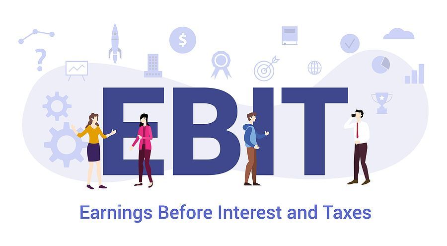 Infographic of the word EBIT with graphic images of dollar signs, margins, cogs and people.