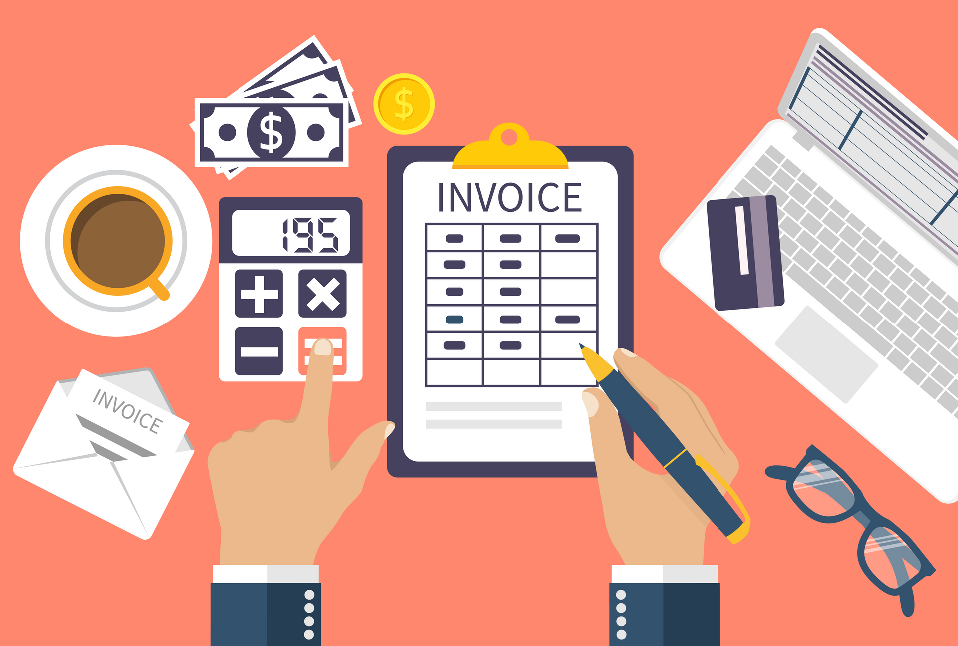 Vector image of a person filling out an invoice with a calculator, money, laptop and coffee with an envelope to send invoice.