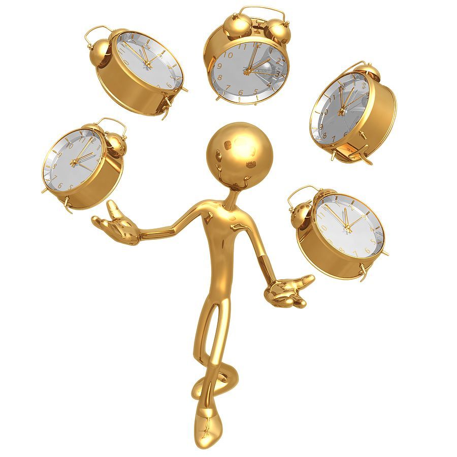 A gold figure juggling 5 alarm clocks.