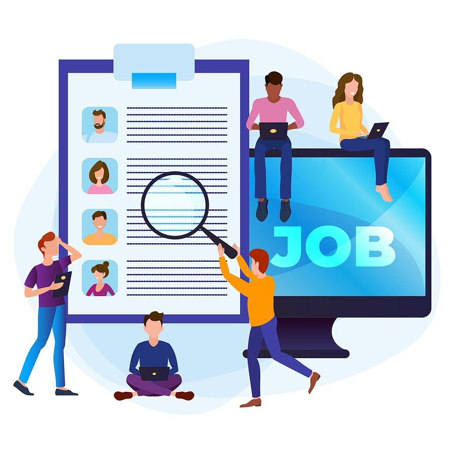 Online job search concept. A group of people are looking for a job. Selection of resumes and interviews via the Internet.
