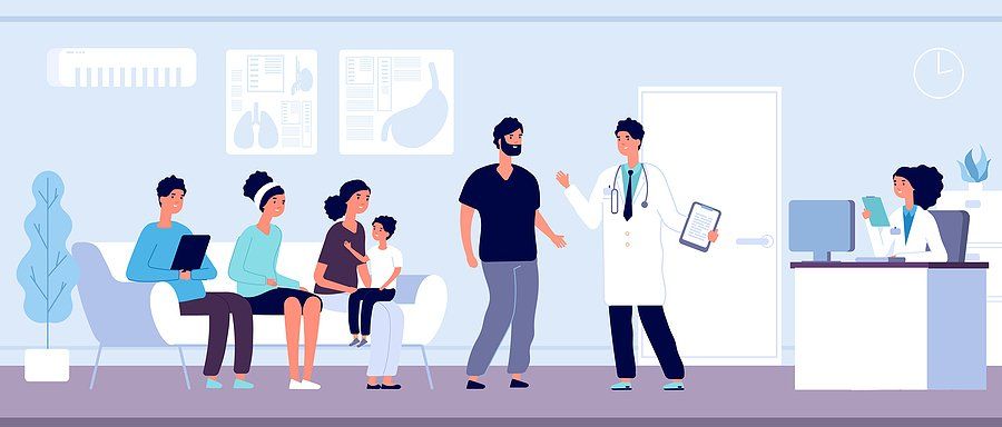 Patients waiting room graphic depiction of a doctor talking to a patient while other patients are sitting waiting.