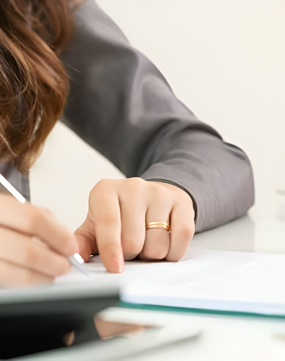 Woman's Hand in a Suit Jacket With a Gold Ring, Writing on Paper at a Deskk — Hannaway Lawyers in Wauchope, NSW