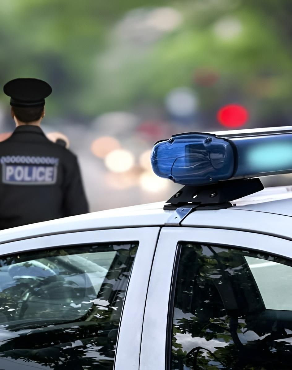 Police Officer Standing by Patrol Car — Hannaway Lawyers in Forster, NSW