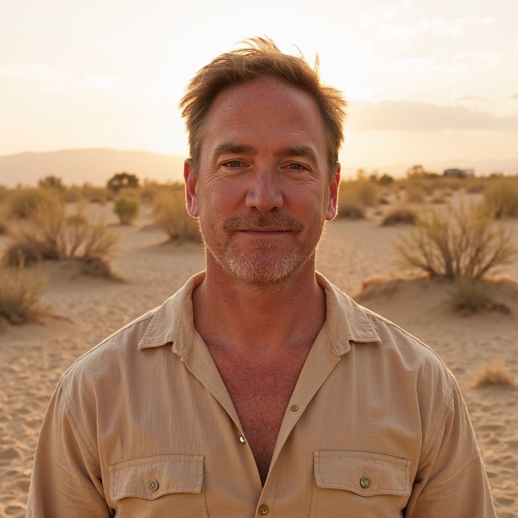 Man with crossed arms on a football field. He is wearing a blue polo shirt, khaki pants, and has a serious expression.