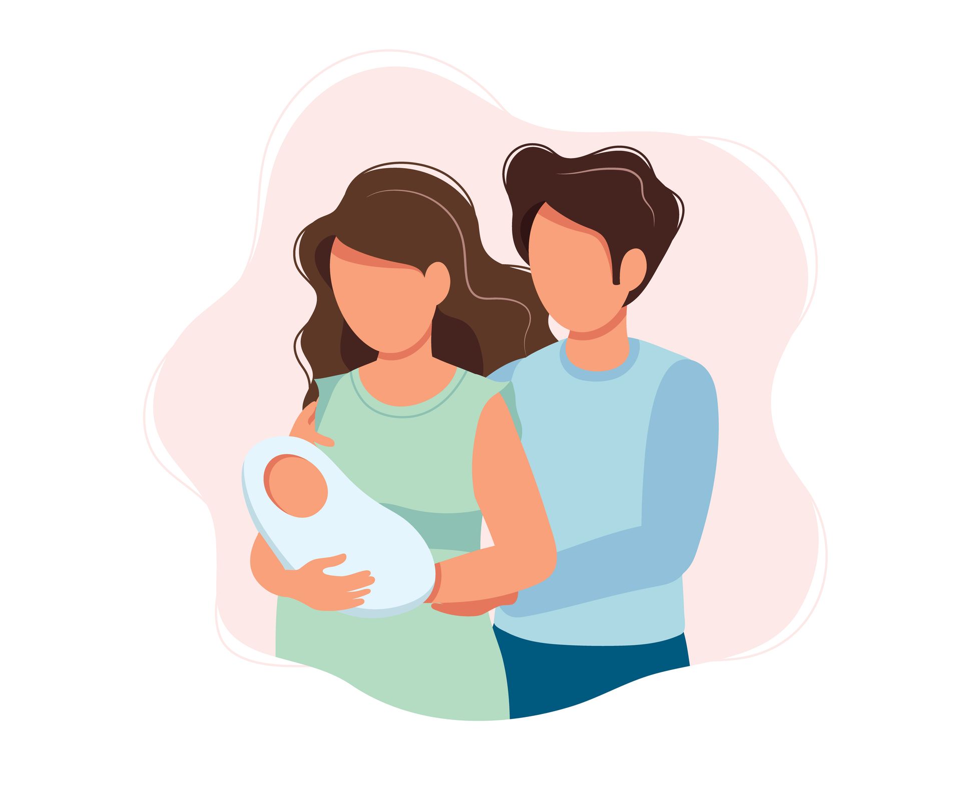 Cartoon drawing of man and woman holding a baby.