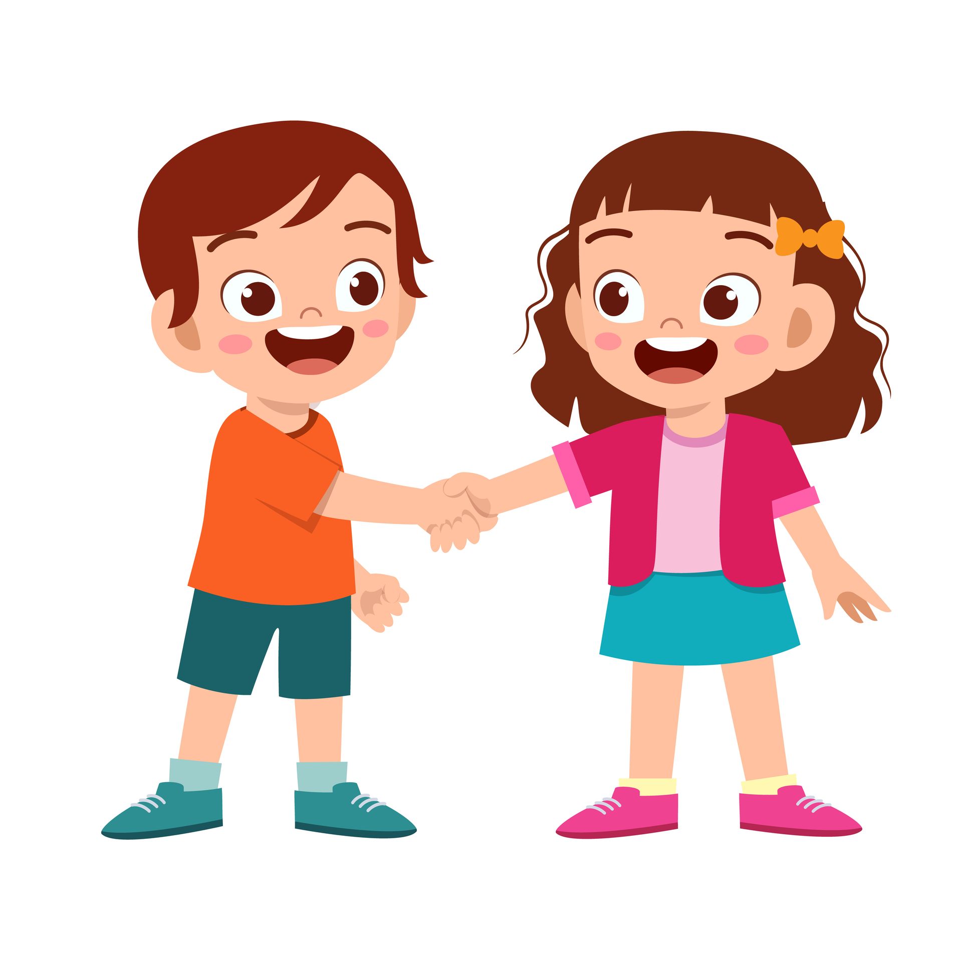 Cartoon drawing of a young boy and girl shaking hands.