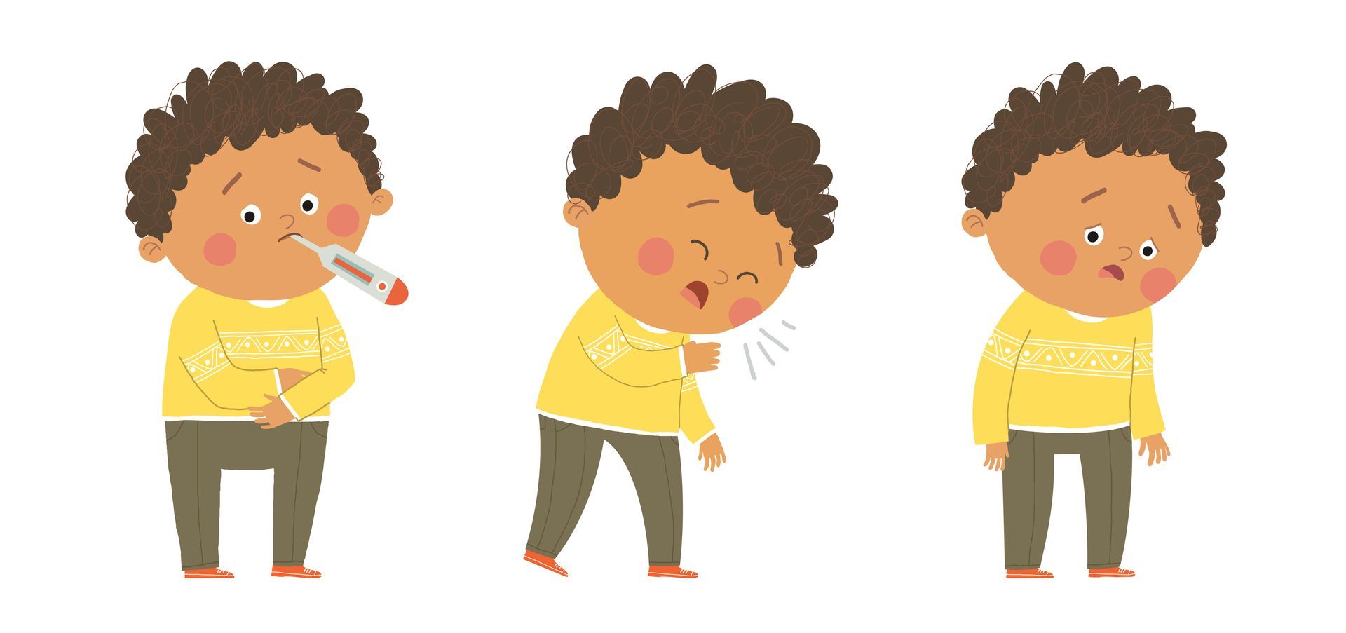 Cartoon drawing of a sick child in different poses.