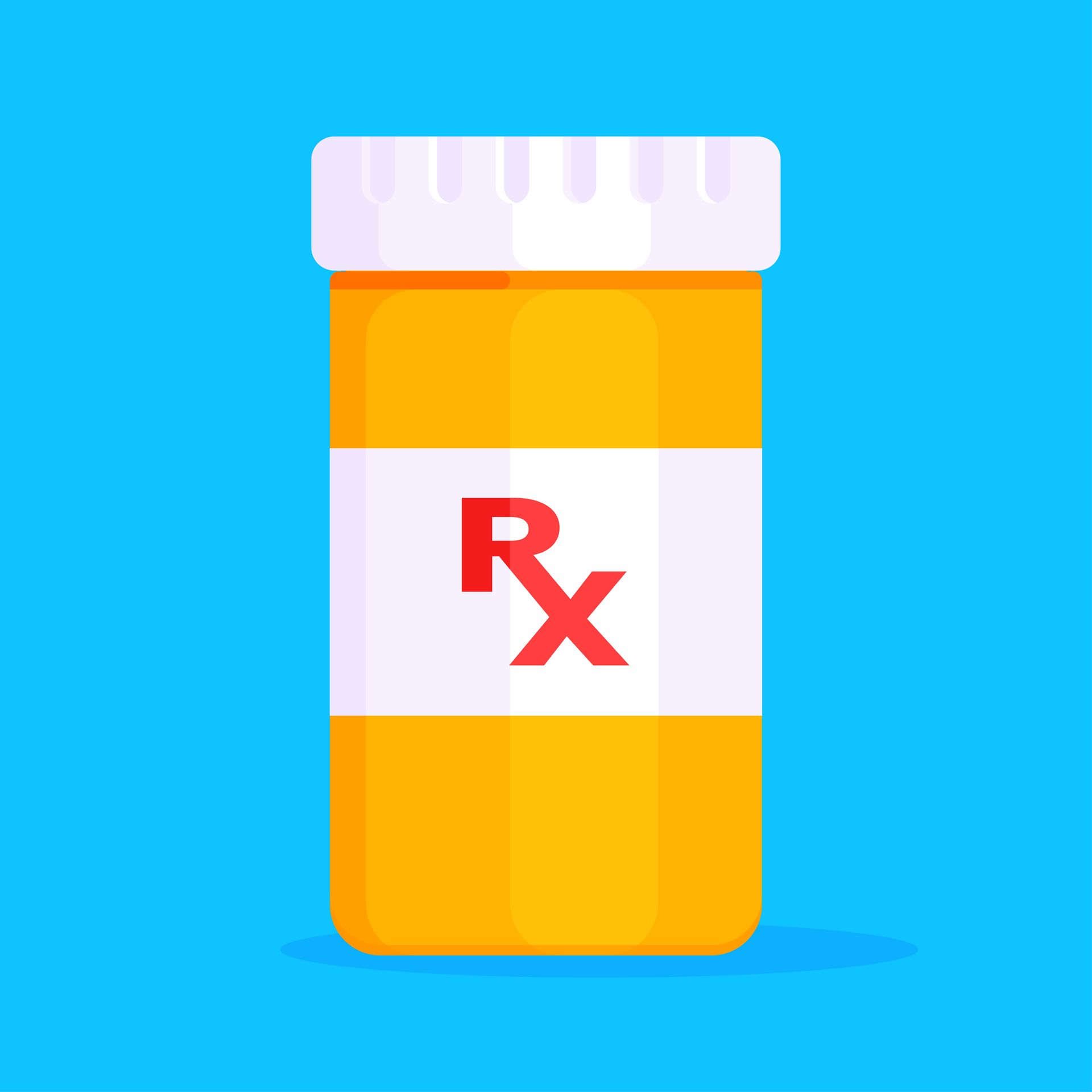 A bottle of pills with a red rx on it on a blue background.