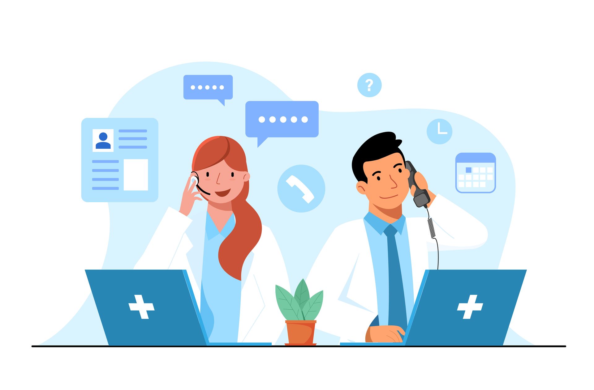 Cartoon picture of  two medical professionals on the phone, at their computers.