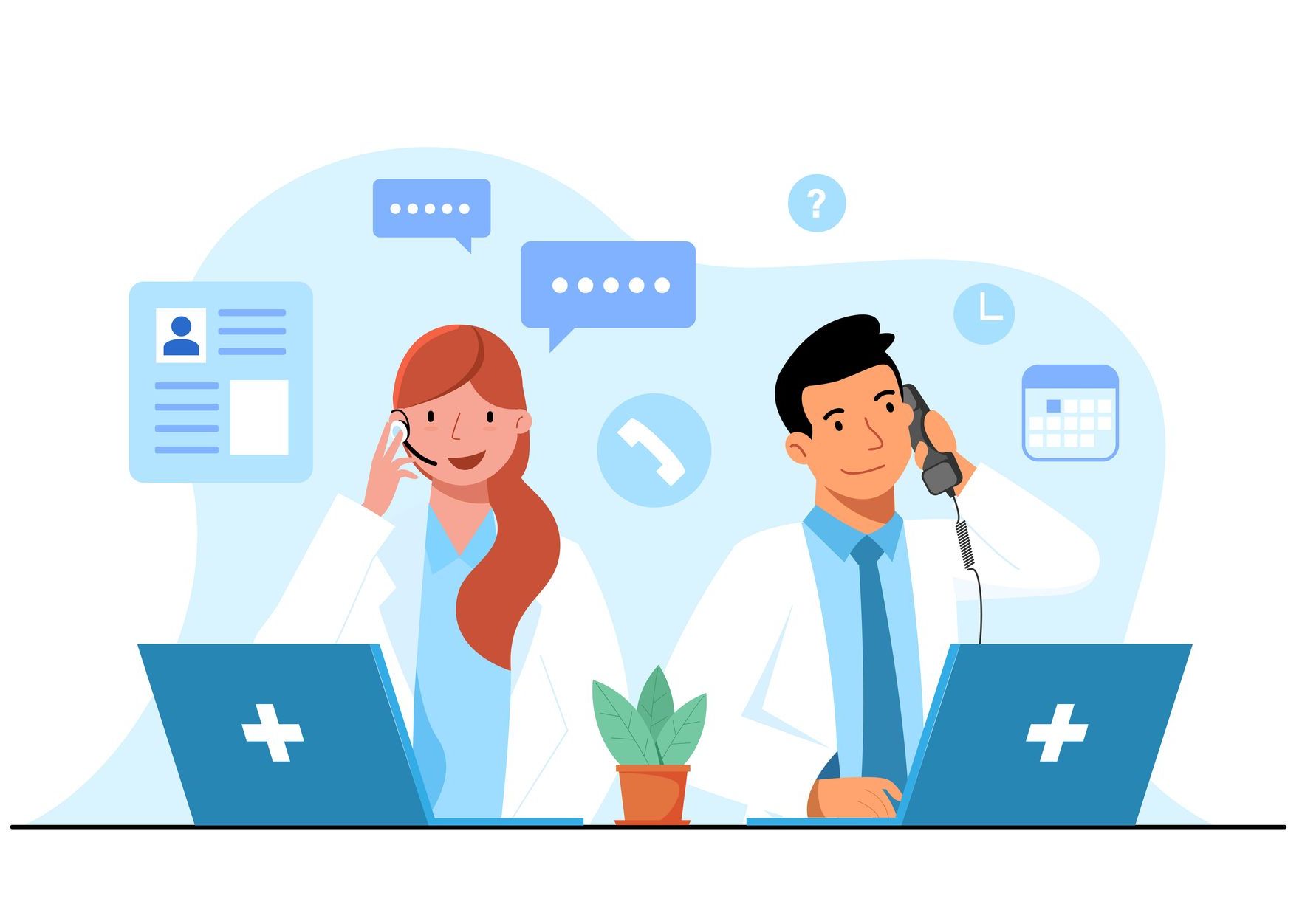 Cartoon drawing of two medical personnel on the phone.