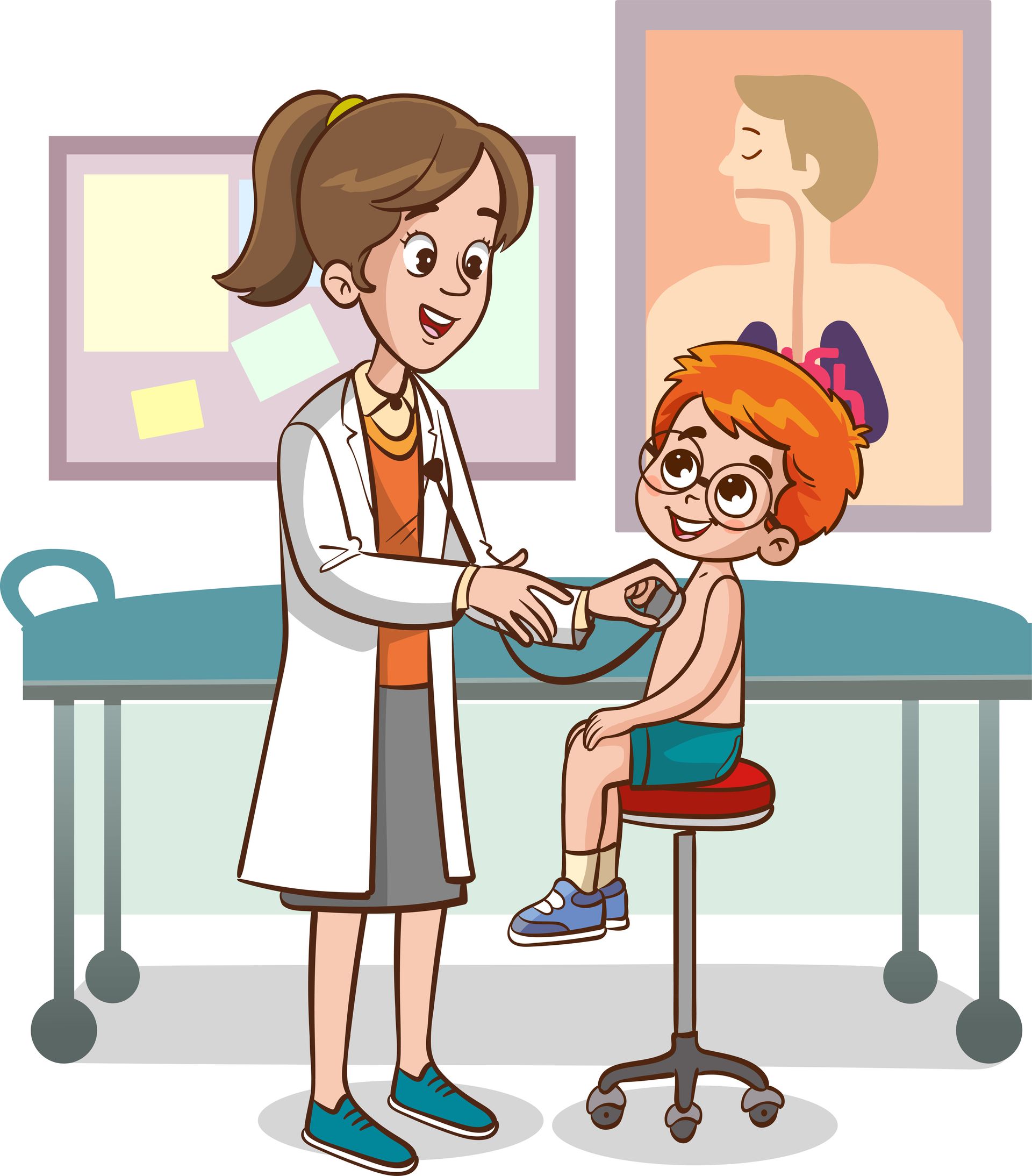 Cartoon drawing of a female doctor checking young girl with stethoscope.