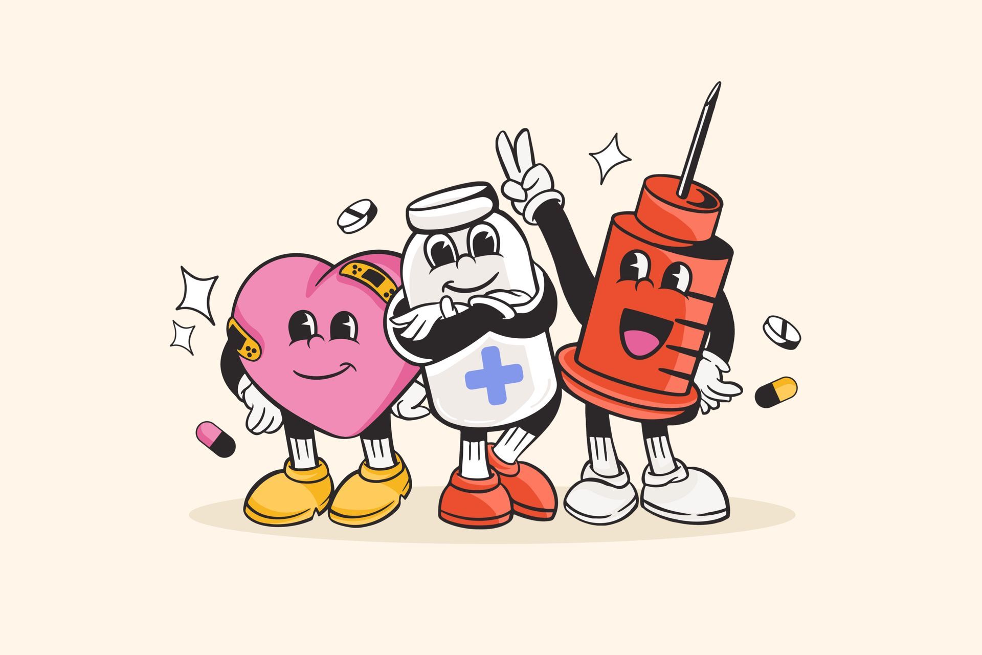 Cartoon drawing of a heart, bill bottle and syringe.