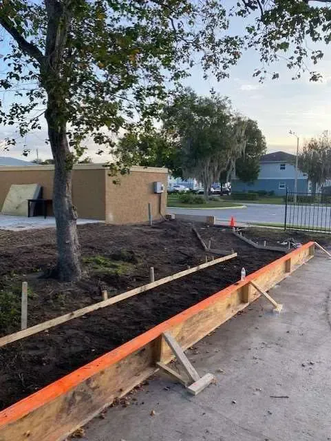 Concrete formwork for a low wall in front of a building; a tree is to the left, with a residential street in the distance.
