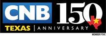 Logo for CNB, Texas, 150th Anniversary, featuring Texas outline with a star.