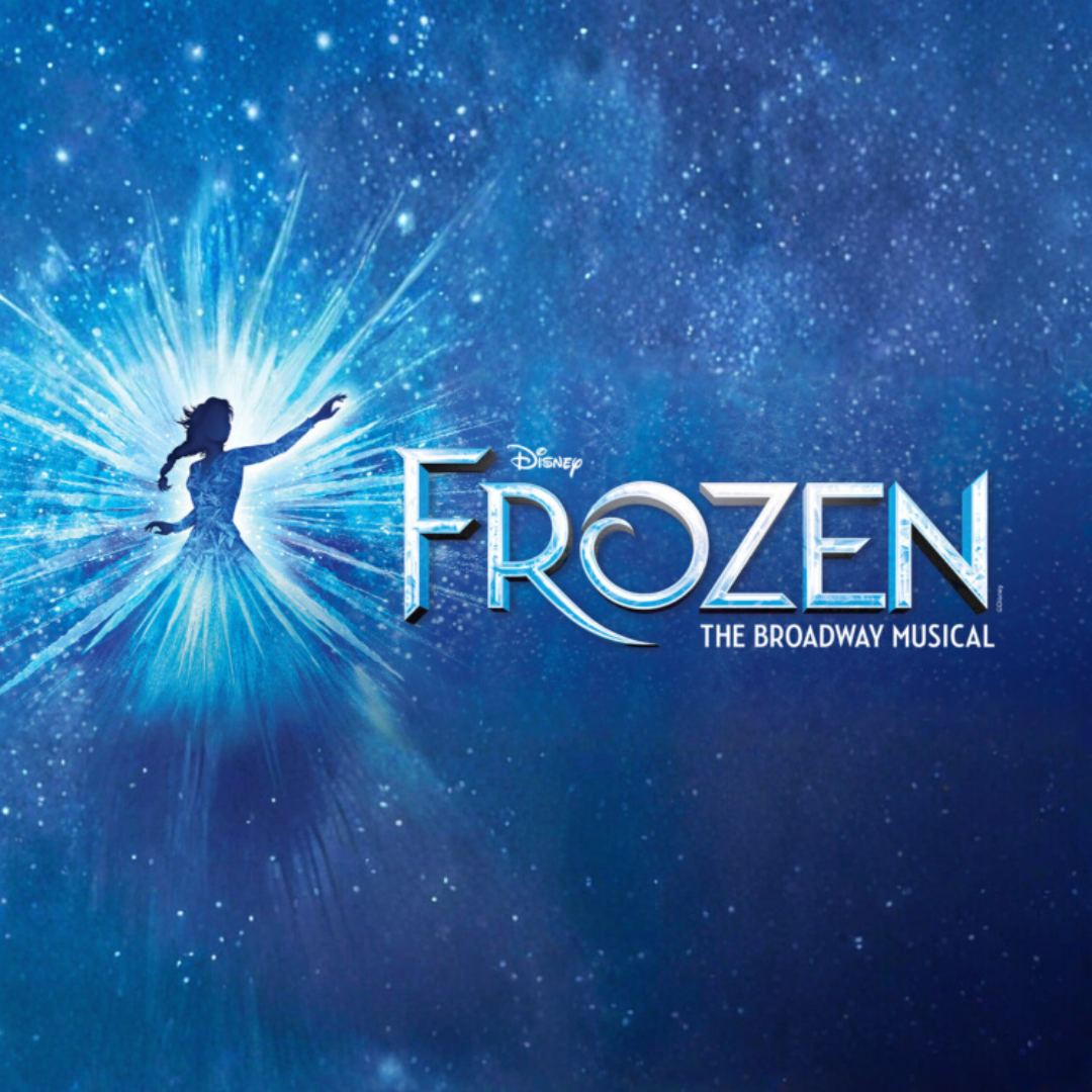 Silhouette of Elsa from Frozen, arms outstretched with ice effects, on a blue background.