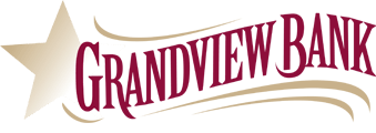 Grandview Bank logo with a star and curved lines. Text in burgundy on a white background.