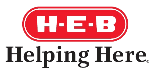H-E-B logo with red oval and white letters above black text that says