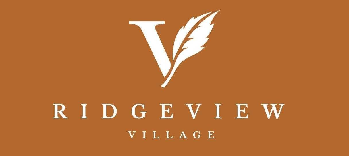 Logo for Ridgeview Village, brown background with a white