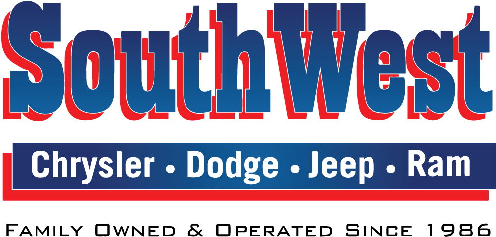 Logo for Southwest Chrysler, Dodge, Jeep, Ram. Blue text with red outline on white.