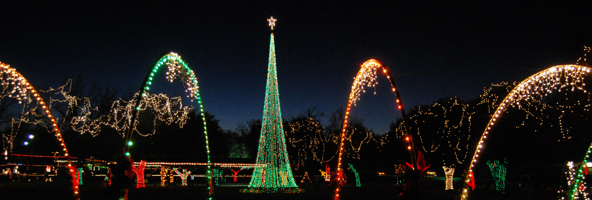 Christmas lights illuminate a nighttime scene; a large, decorated Christmas tree in the center, with arching lights on either side.