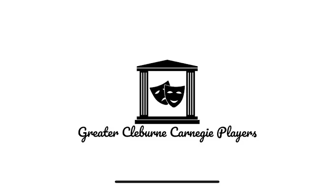 Logo for Greater Cleburne Carnegie Players: theater masks within a building outline, text below.