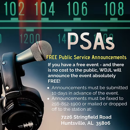 Advertisement for WDJL radio PSAs; microphone, headphones, radio dial. Free event announcements.