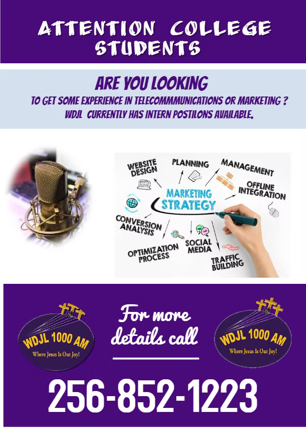 Flyer for college students seeking experience in telecommunications or marketing. Contains phone number and radio station logos.